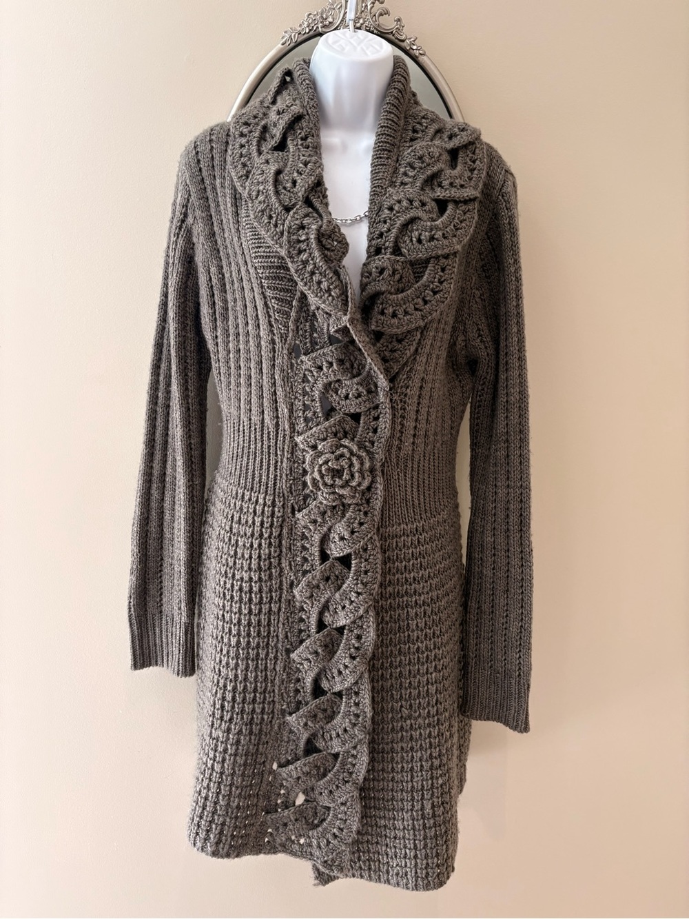 John Fashion Knit Cardigan Floral Brown Grey Mushroom Crochet Ruffle Large